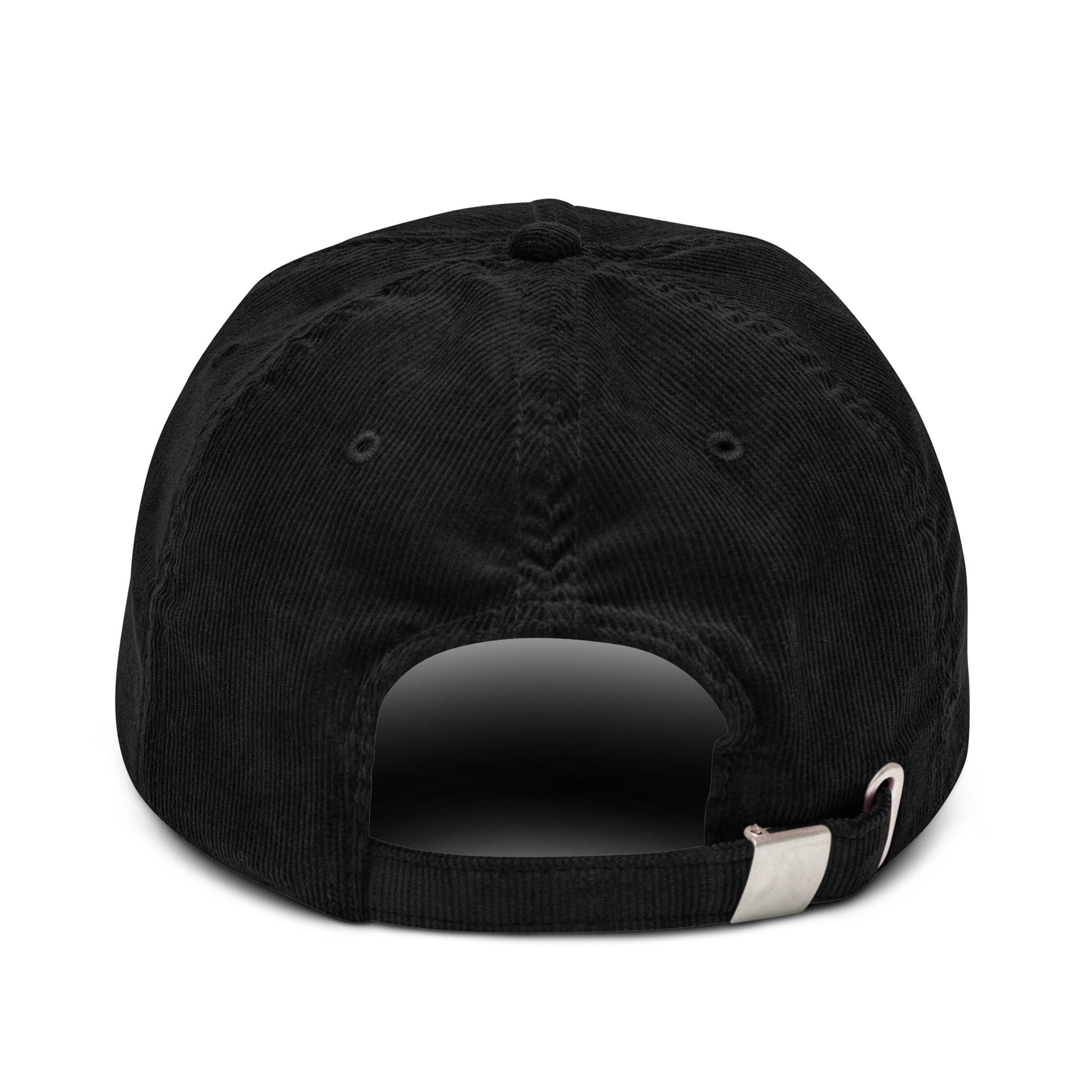 Back view of black 4FRTHS corduroy cap with adjustable strap