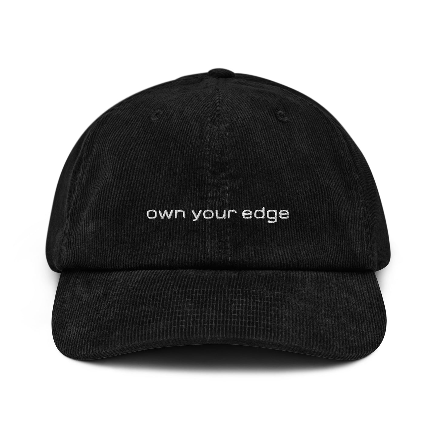 Black 4FRTHS corduroy cap with “Own Your Edge” embroidery on the front