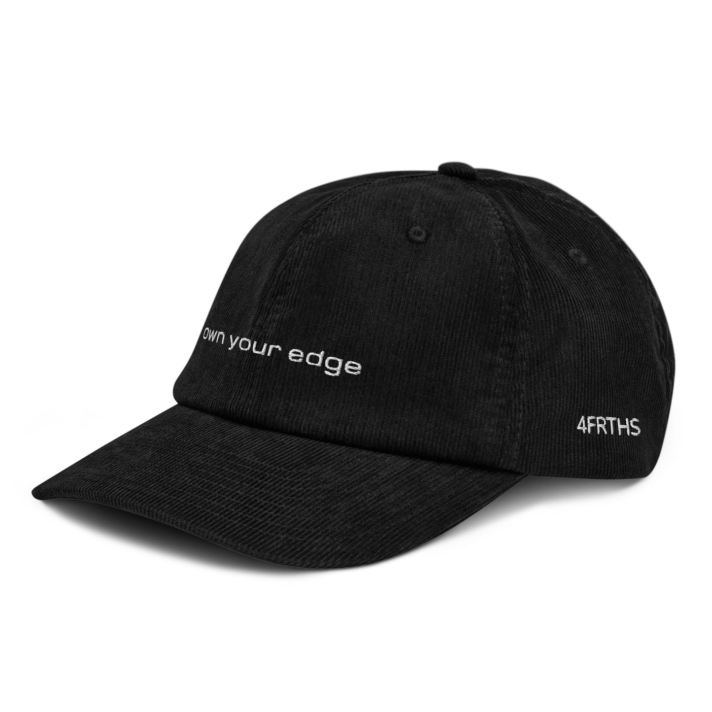 Side view of black 4FRTHS corduroy cap with minimal embroidered branding detail