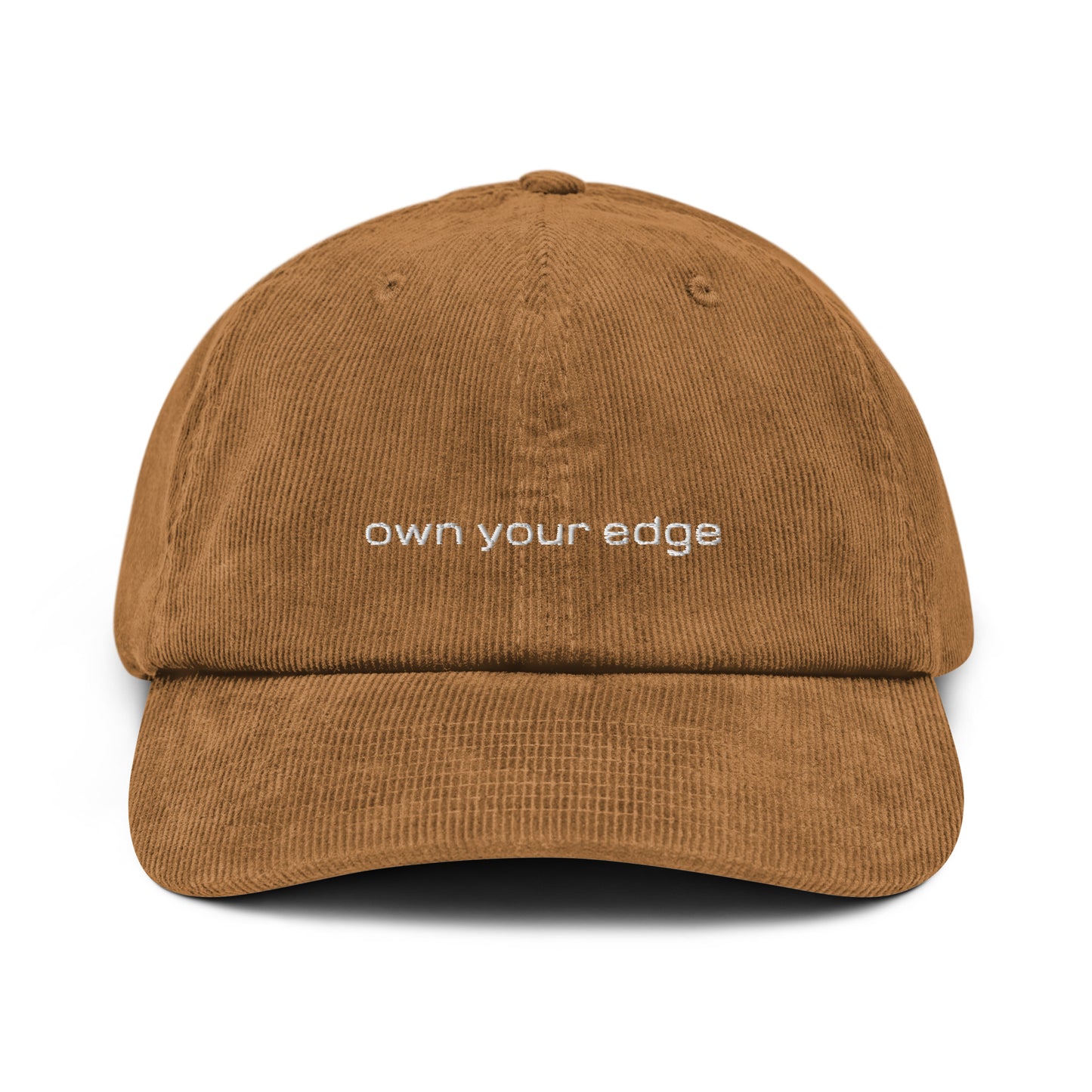 Camel 4FRTHS corduroy cap with “Own Your Edge” embroidery on the front