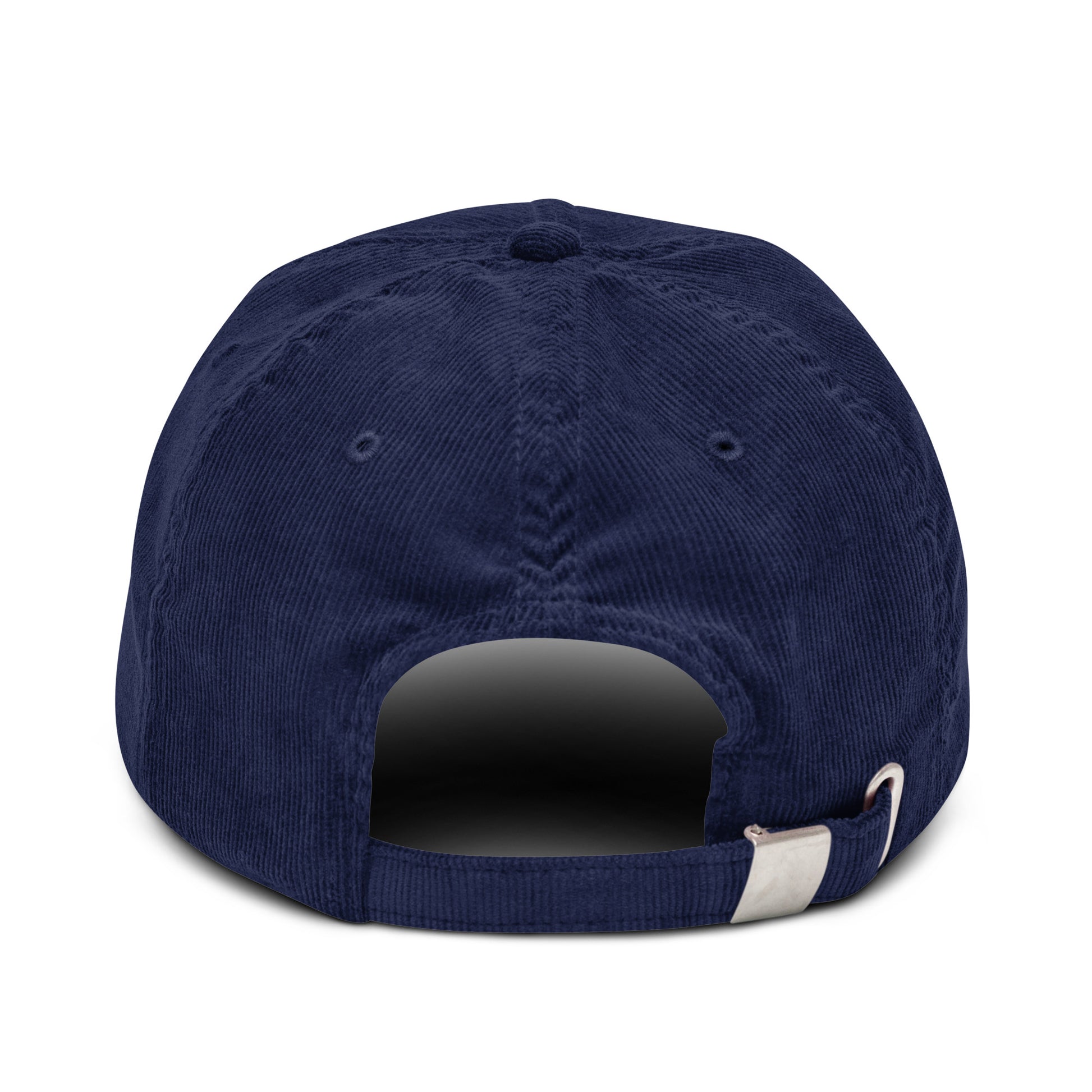 Back view of navy blue 4FRTHS corduroy cap with adjustable strap