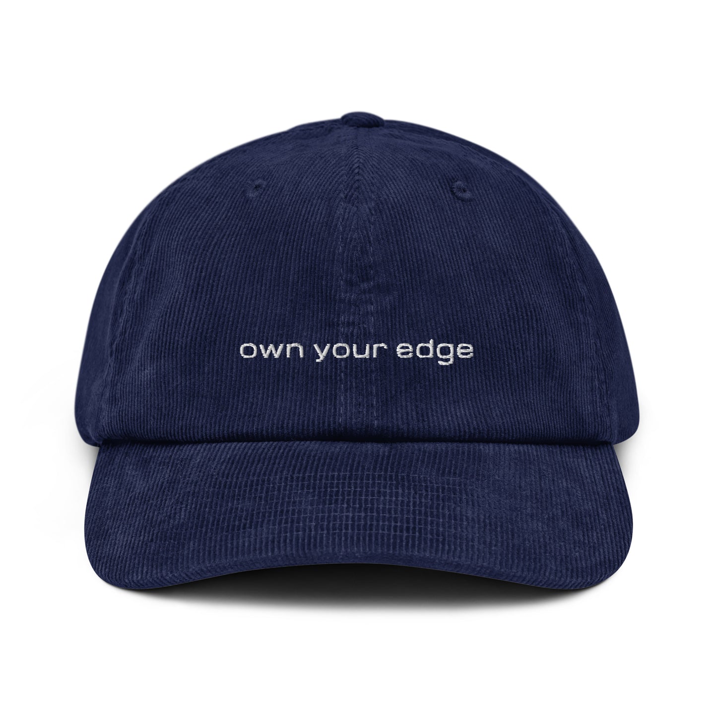 Navy blue 4FRTHS corduroy cap with “Own Your Edge” embroidery on the front
