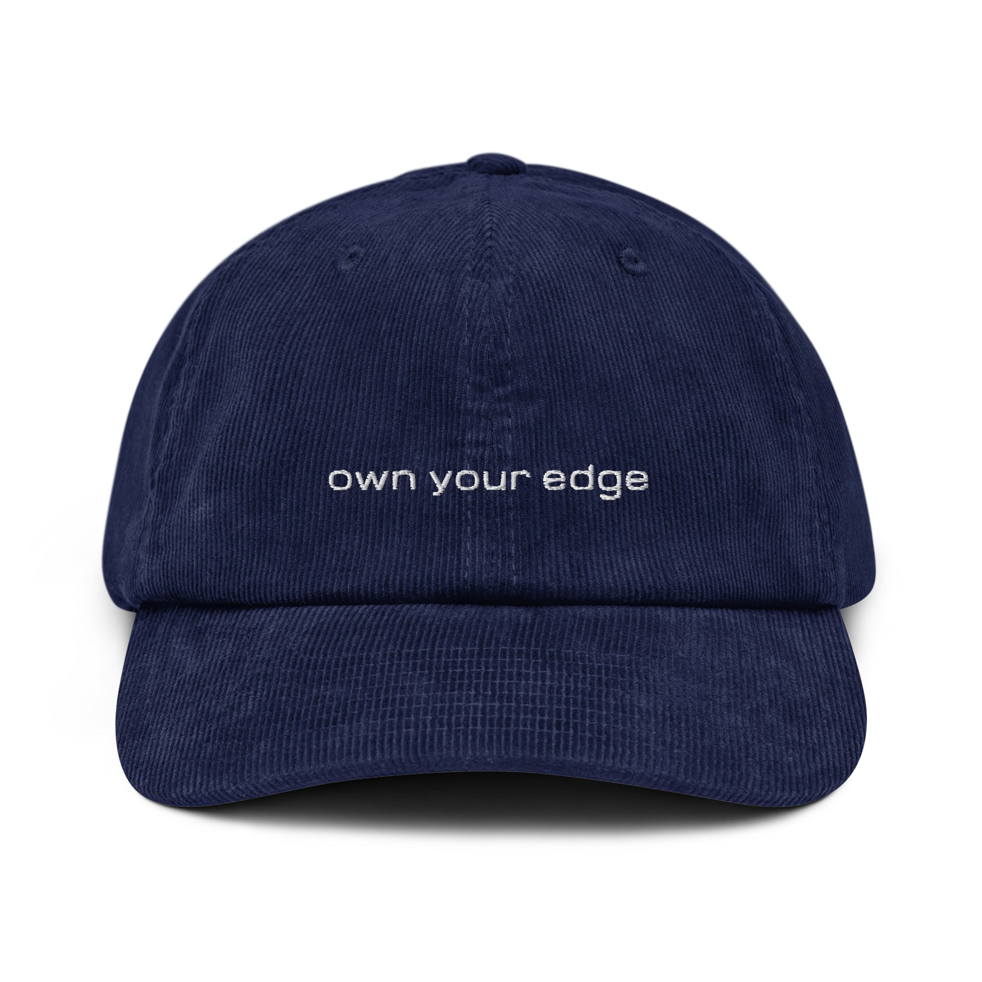 Navy blue 4FRTHS corduroy cap with “Own Your Edge” embroidery on the front