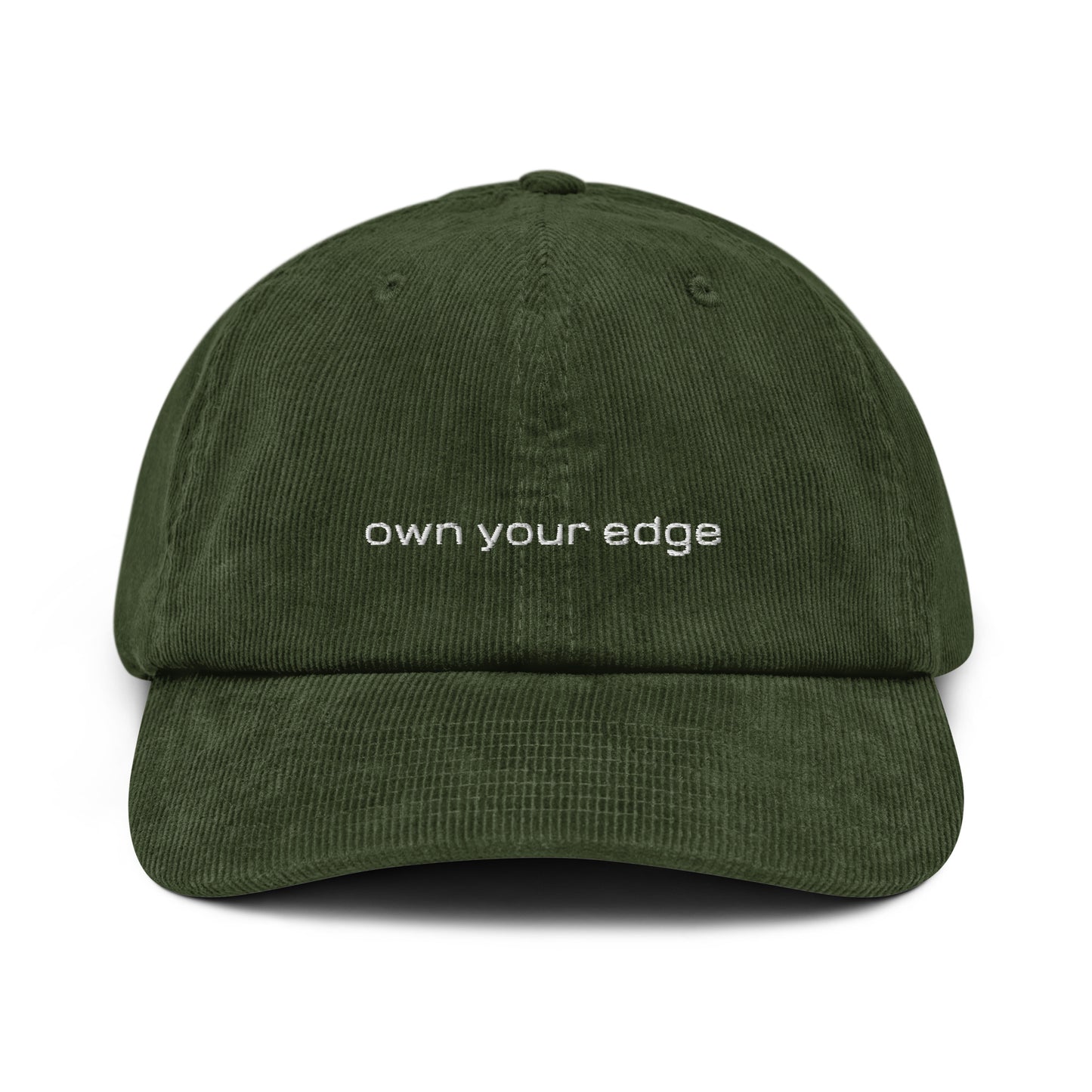 Olive 4FRTHS corduroy cap with “Own Your Edge” embroidery on the front